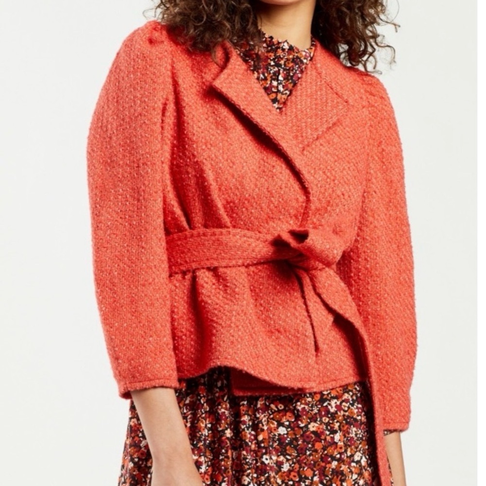 Marie Oliver Jonna Wool Coat‎ Orange Red Tweed Tie Jacket Cropped XS X-Small